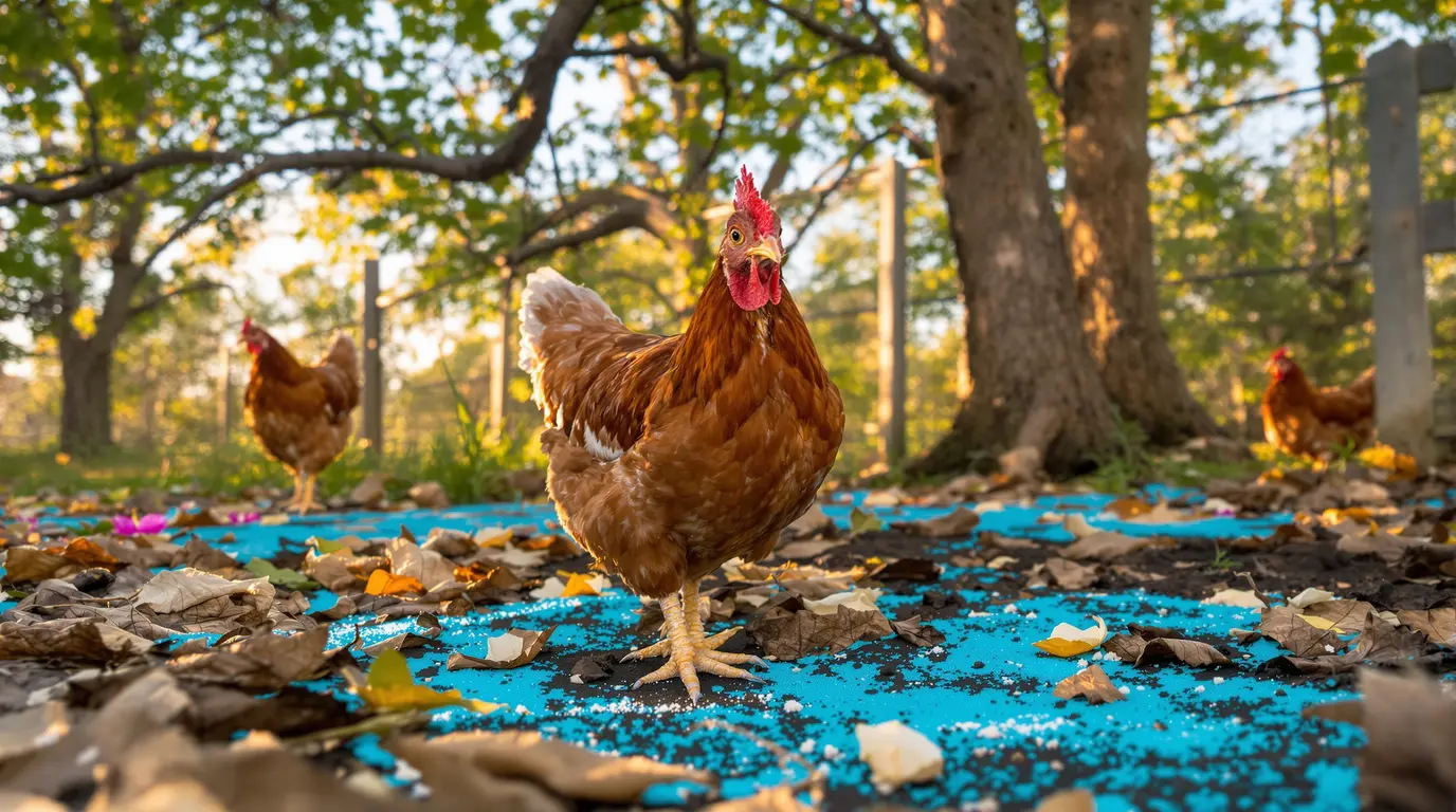 Lâcher ses poules sous les fruitiers en avril est une excellente idée, sauf si ce résidu bleu reste au sol Lâcher ses poules sous les fruitiers en avril est une excellente idée, sauf si ce résidu bleu reste au sol